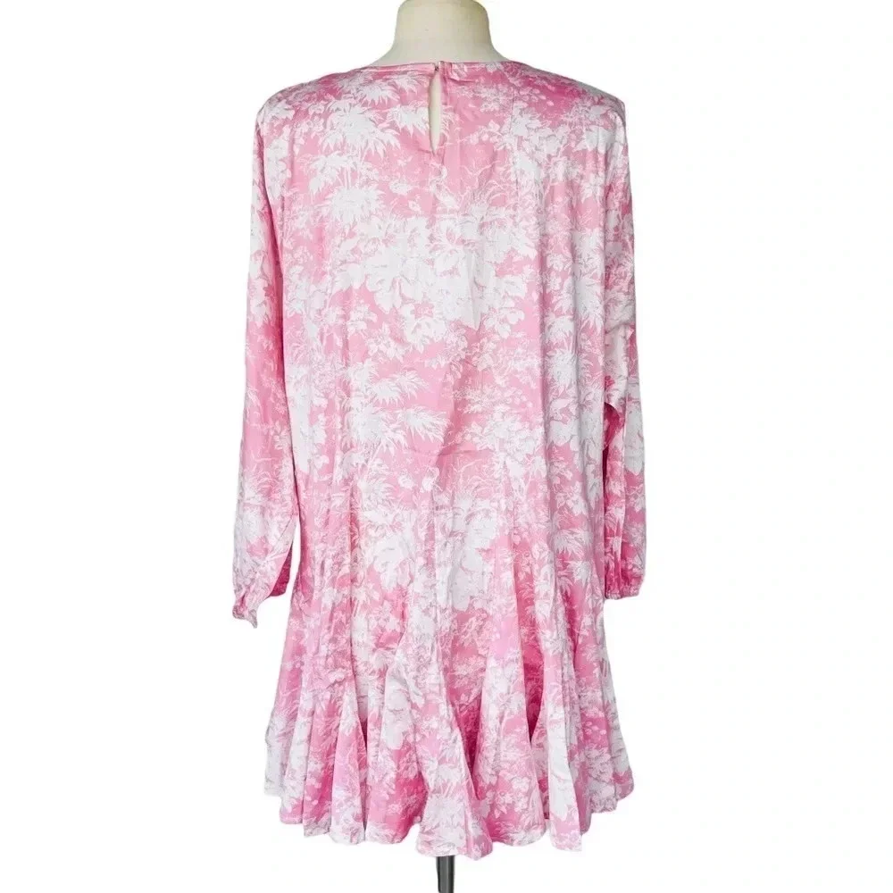 WAYF Altonia Swing Poplin Dress Pink Jungle Women’s L Belted Ruffle Long Sleeve
